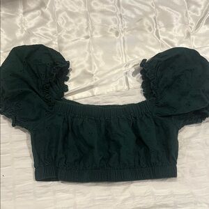 Green Puff Sleeve Crop Blouse with Ruffled Smocked Design